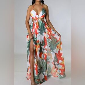 Floral Print Chain Decor Split Thigh Tie Back Cami Dress, Summer Tropical Hawaii